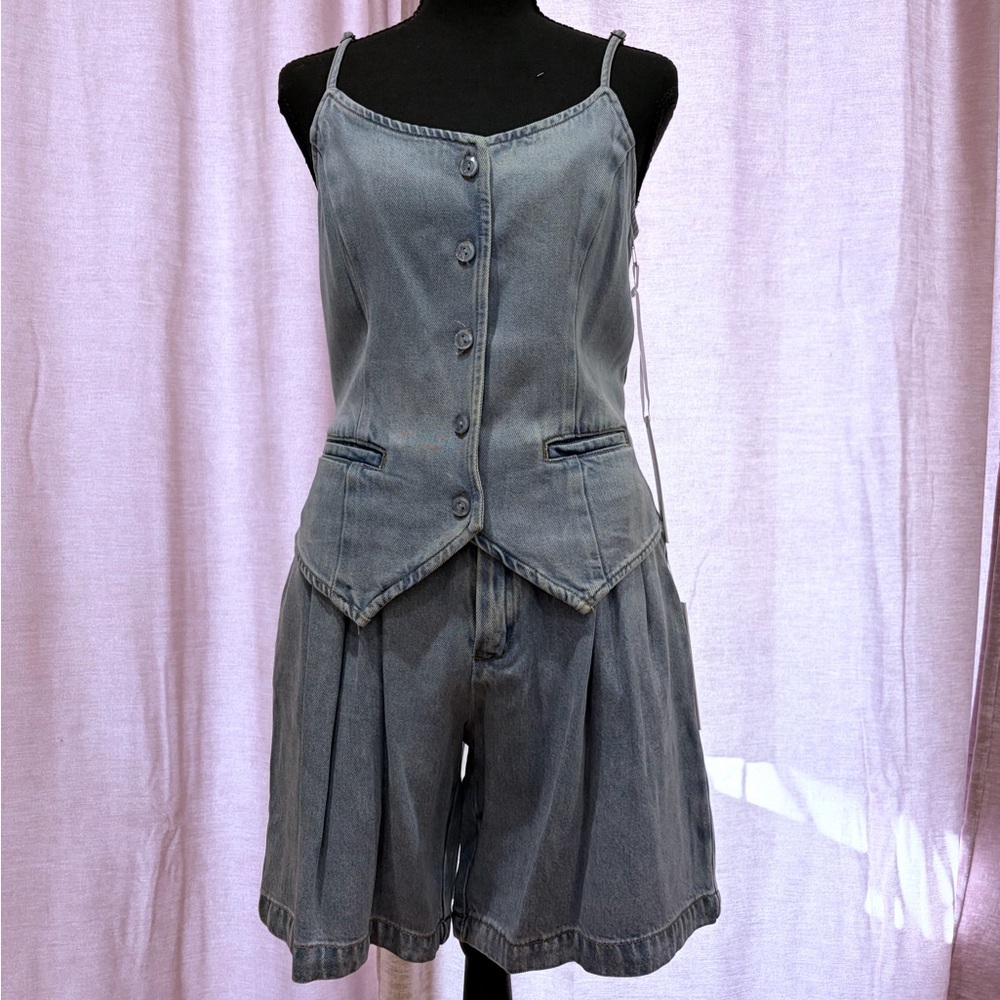 Women's Blue Denim Button-Up vest and pants